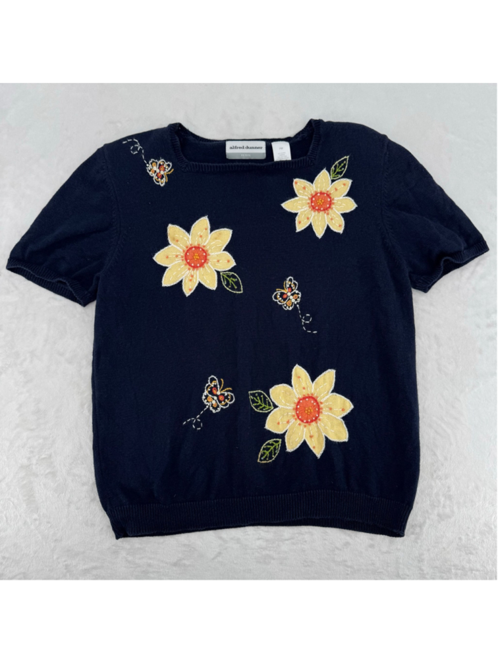 Vintage Butterflies and Flowers Sweater Navy Blue Short Sleeves Sequins Beads PM